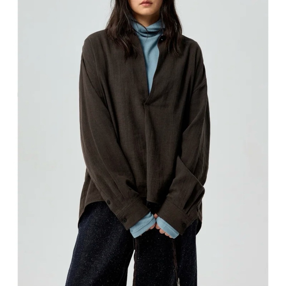 Simple Project Minimalist Oversized Brown Deep V-Neck Blouse shirt S - Picture 1 of 11